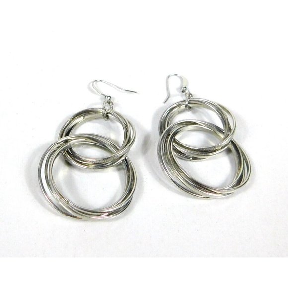Multi Circle-Link Interlocking Hoops Polished Textured Dangled Pierced Earrings - Picture 8 of 8